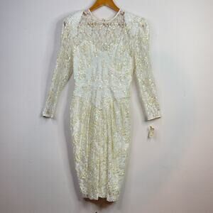 Vintage 80s 90s Marie St Claire Ivory Sequin Embroidered Lace Sheer Dress 8 new